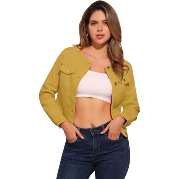 Women's Denim Jacket Button Down Collarless Long Sleeve Jean
